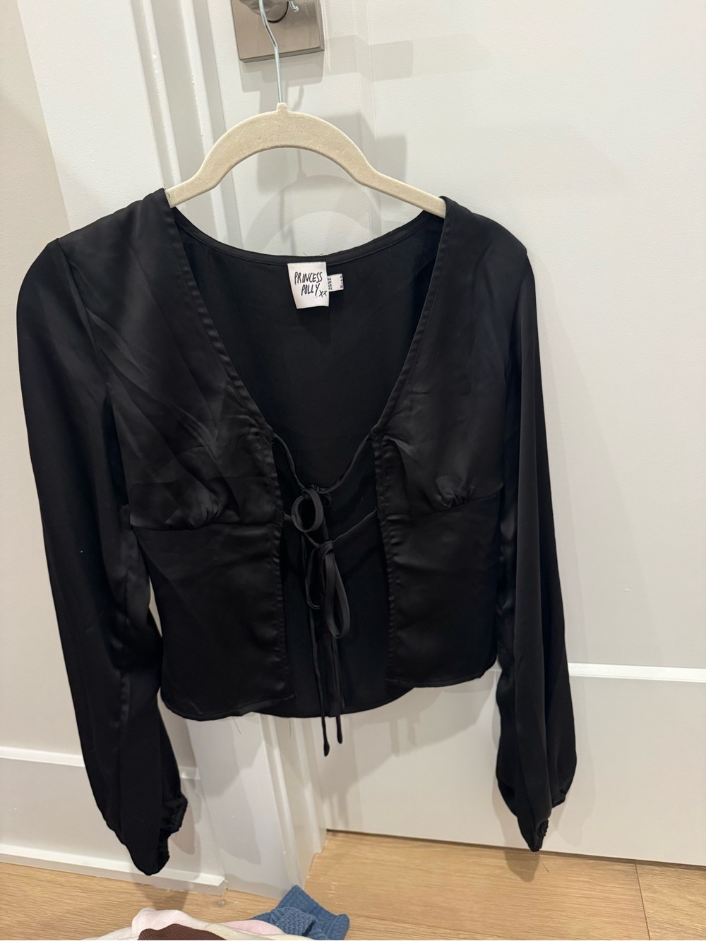 Princess Polly Black Satin Tie-Front Long Sleeve Blouse